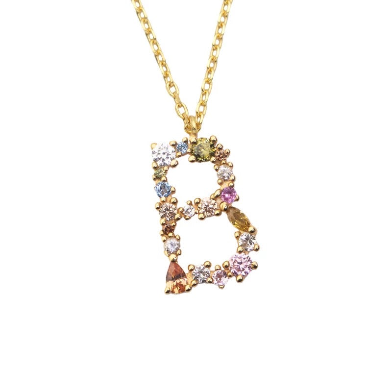 B Initial Pendant Necklace with Crystals in Gold
