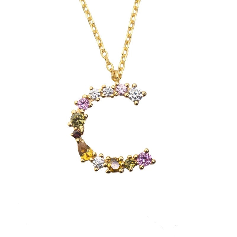 C Initial Pendant Necklace with Crystals in Gold