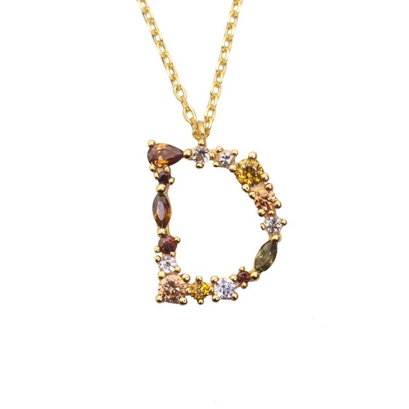 D Initial Pendant Necklace with Crystals in Gold