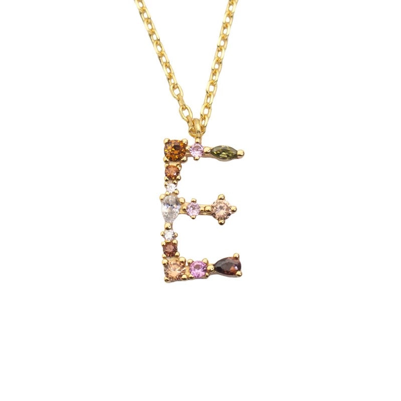 E Initial Pendant Necklace with Crystals in Gold