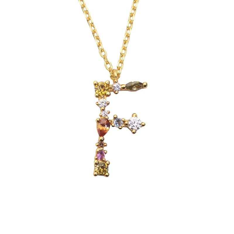 F Initial Pendant Necklace with Crystals in Gold
