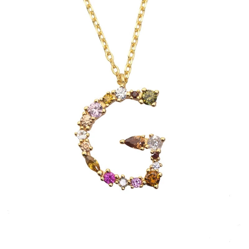 G Initial Pendant Necklace with Crystals in Gold