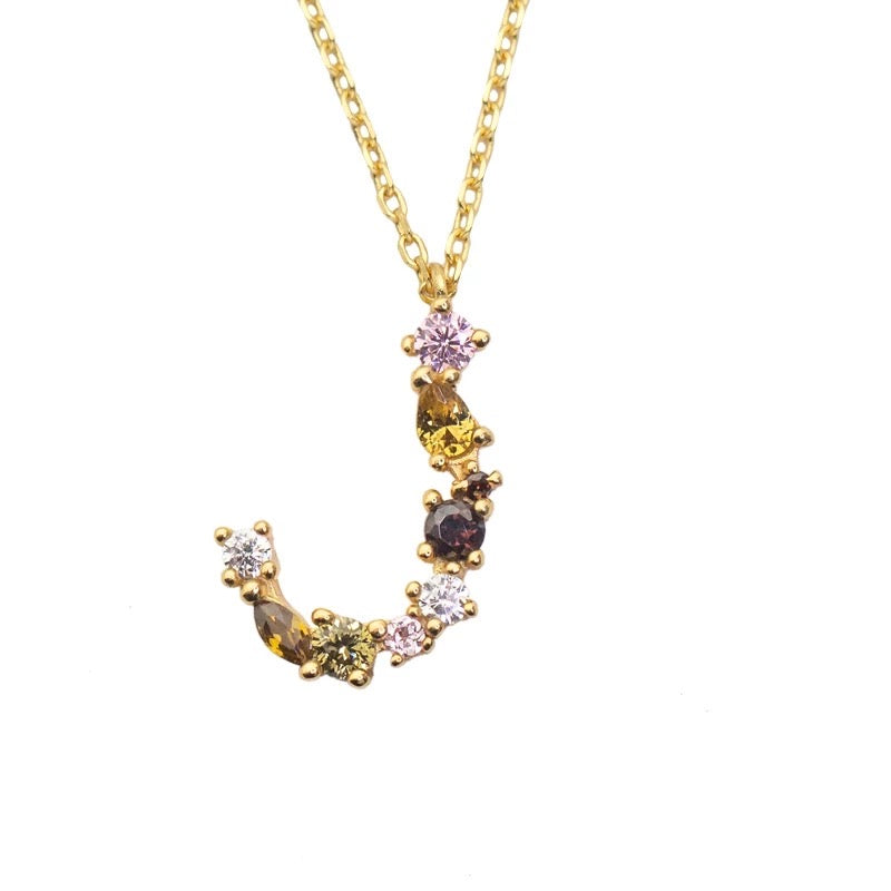 J Initial Pendant Necklace with Crystals in Gold