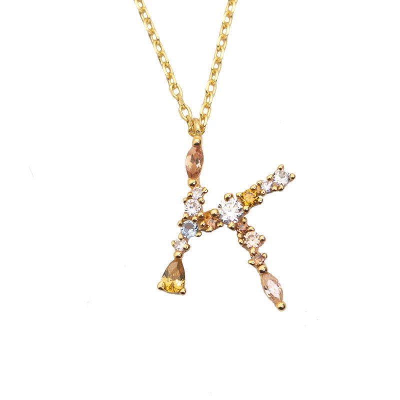 K Initial Pendant Necklace with Crystals in Gold