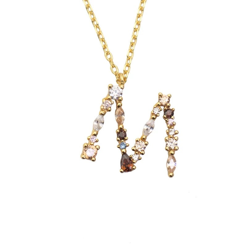 M Initial Pendant Necklace with Crystals in Gold