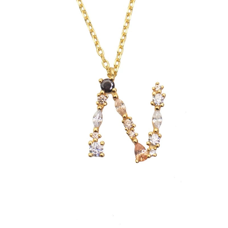 N Initial Pendant Necklace with Crystals in Gold