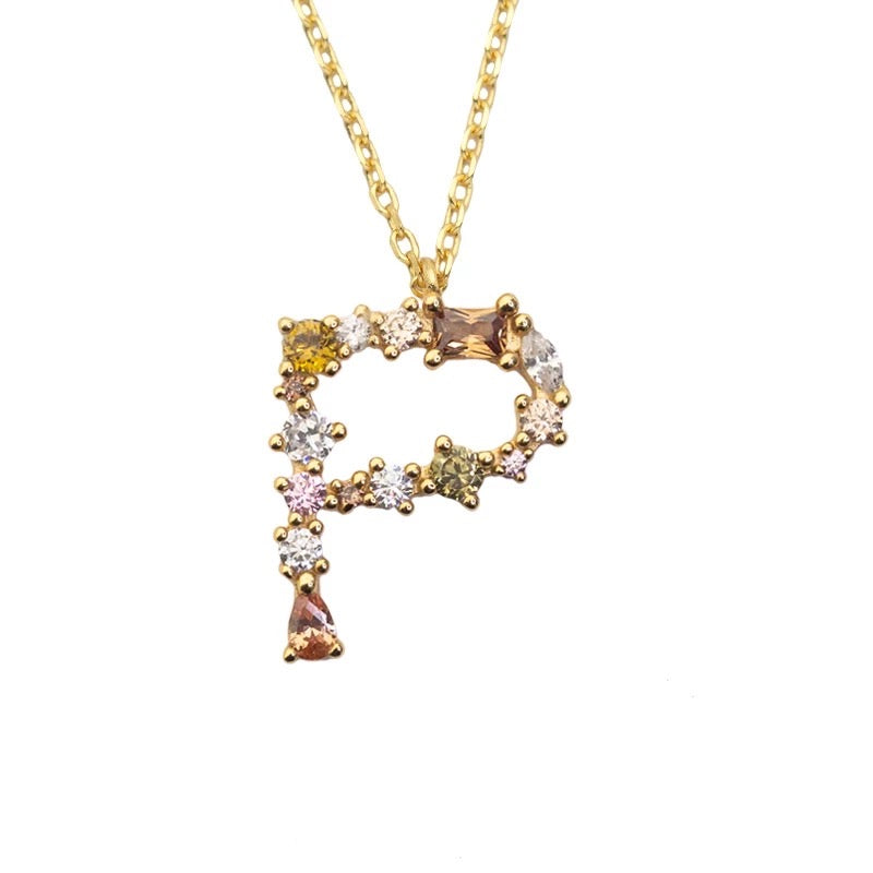 P Initial Pendant Necklace with Crystals in Gold