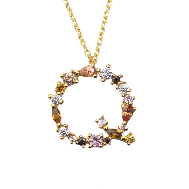 Q Initial Pendant Necklace with Crystals in Gold