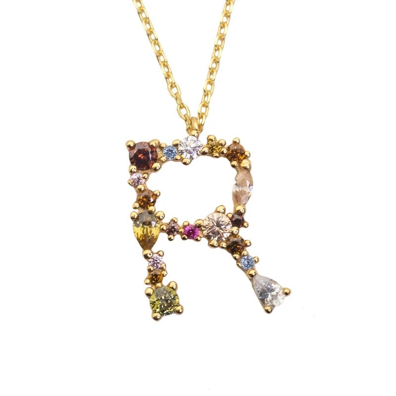 R Initial Pendant Necklace with Crystals in Gold