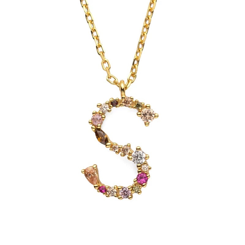 S Initial Pendant Necklace with Crystals in Gold