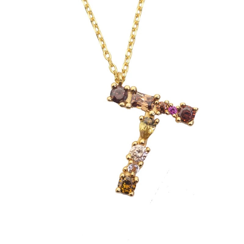 T Initial Pendant Necklace with Crystals in Gold
