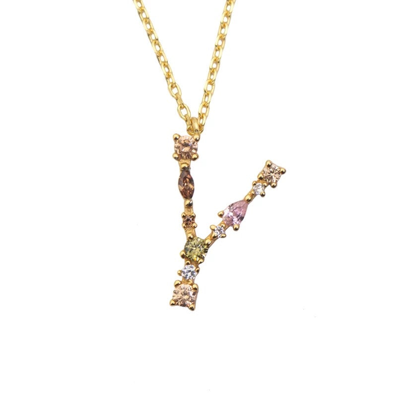 Y Initial Pendant Necklace with Crystals in Gold