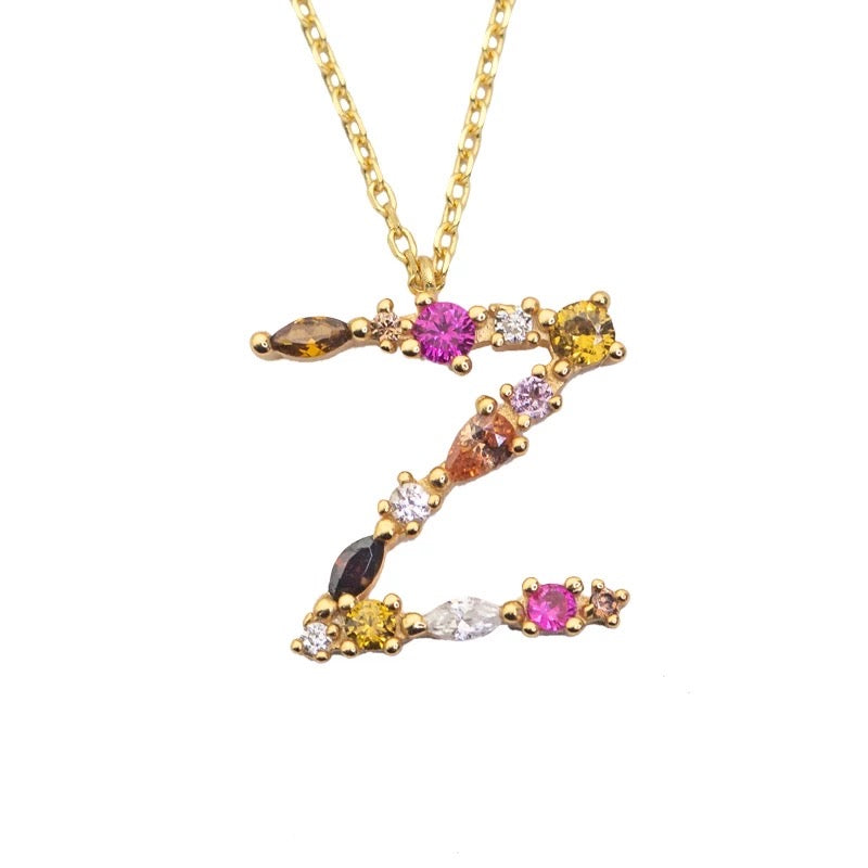 Z Initial Pendant Necklace with Crystals in Gold
